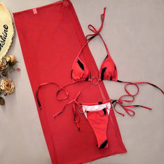 red tie dye print ring mini string bikini Sets 3pcs with long mesh cover swimsuit bathing suit biquini
