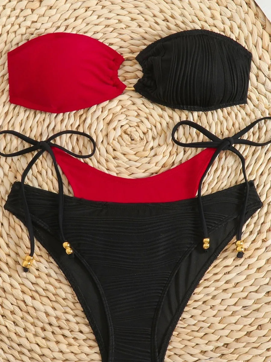 2 Piece Bandeau Bikini Set Color Block Ring Detail Two Piece Swimsuit Two Piece Swim