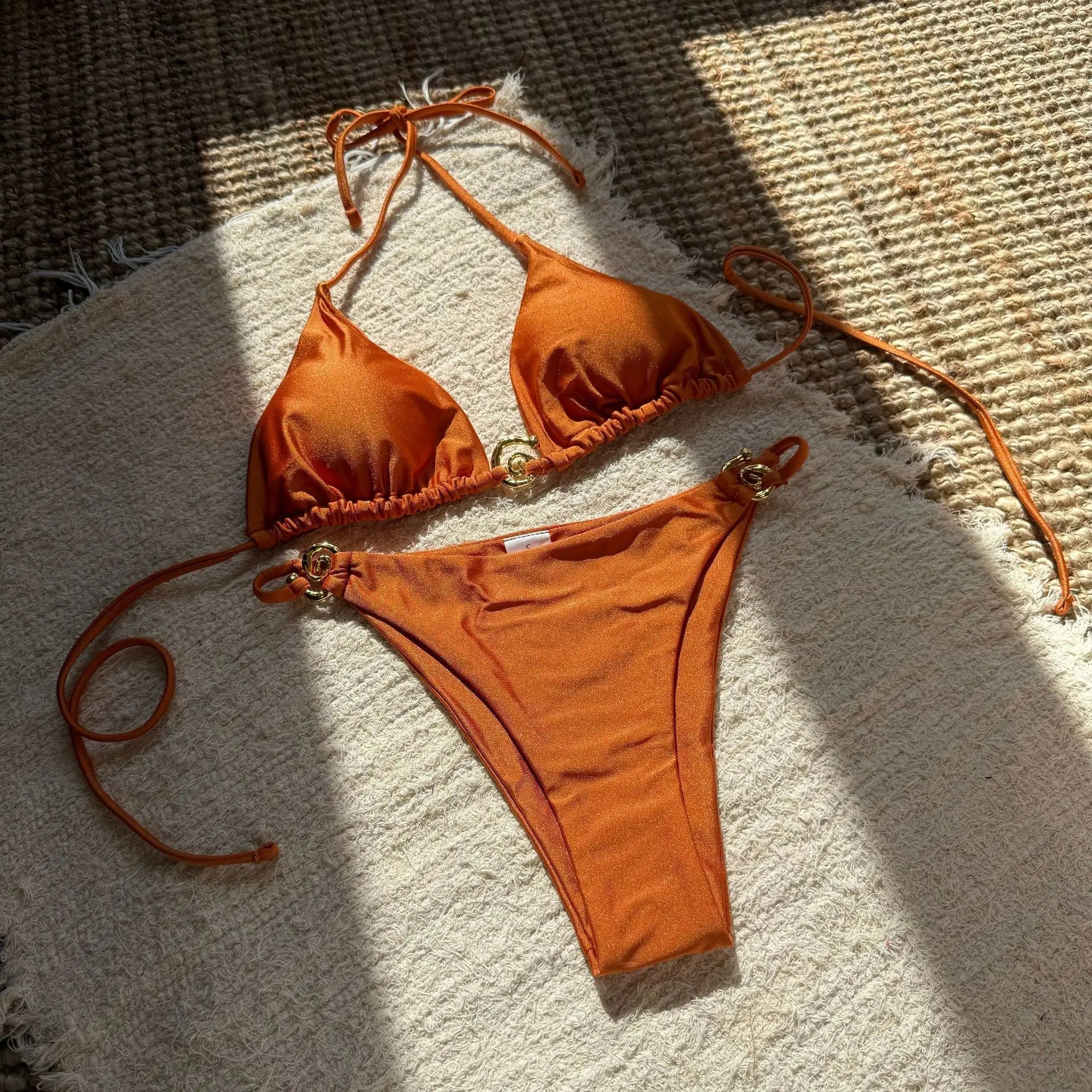 Metallic Ring Tie Back Micro Bikini Sets Glossy Nylon Two-Piece Swimsuitwear Thongs Panty