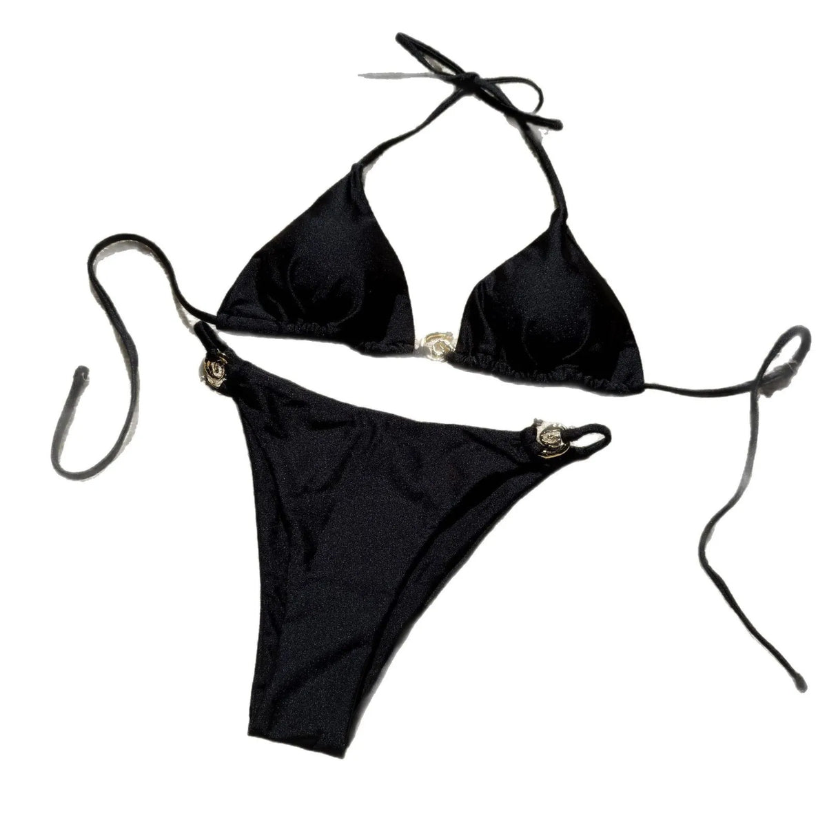 Metallic Ring Tie Back Micro Bikini Sets Glossy Nylon Two-Piece Swimsuitwear Thongs Panty