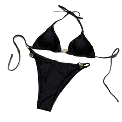Metallic Ring Tie Back Micro Bikini Sets Glossy Nylon Two-Piece Swimsuitwear Thongs Panty