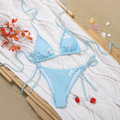 Embroidered Bikini Set Solid Color Flower Design & Adjustable Ties Halter Bandage Bathing Suit Two Piece