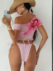 3 Piece Bikini Set Short Sleeve Cover Up & Floral Print Tie-Side Swimsuit Top for Swimwear