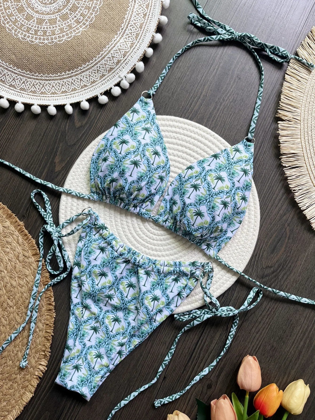 All Over Printed Tie-Front Halter Micro Bikini Set Two-Piece Swimsuit Lace Up Thongs Swimwear 2025