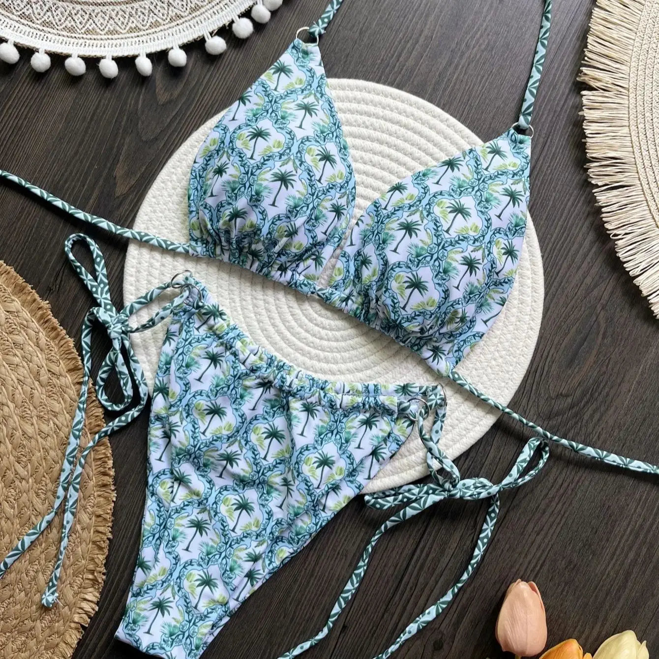 All Over Printed Tie-Front Halter Micro Bikini Set Two-Piece Swimsuit Lace Up Thongs Swimwear 2025