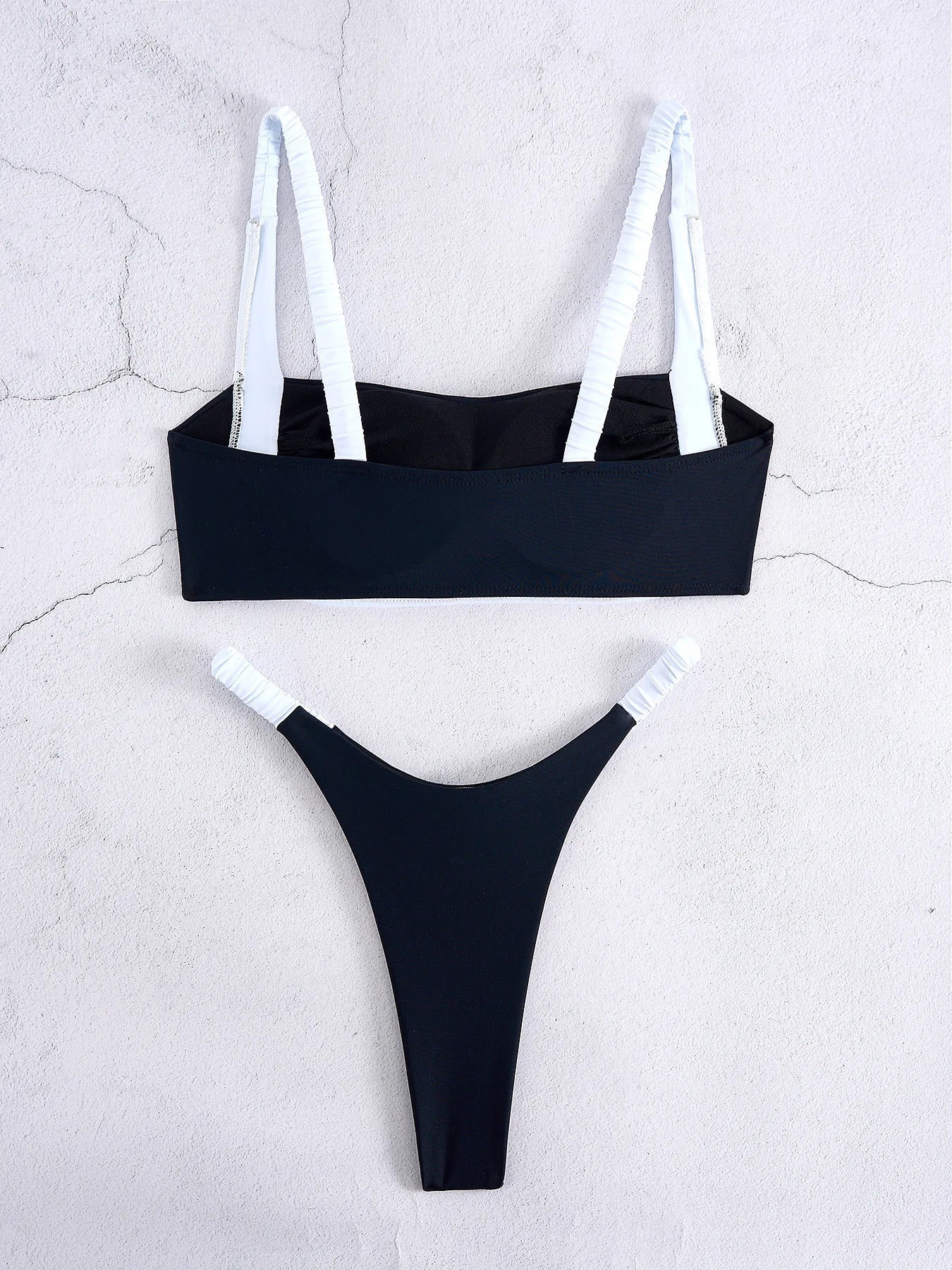 Black & White Contrast Bikini Set with White Straps and Backless Design Two Piece Panties Thongs Set