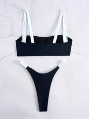 Black & White Contrast Bikini Set with White Straps and Backless Design Two Piece Panties Thongs Set
