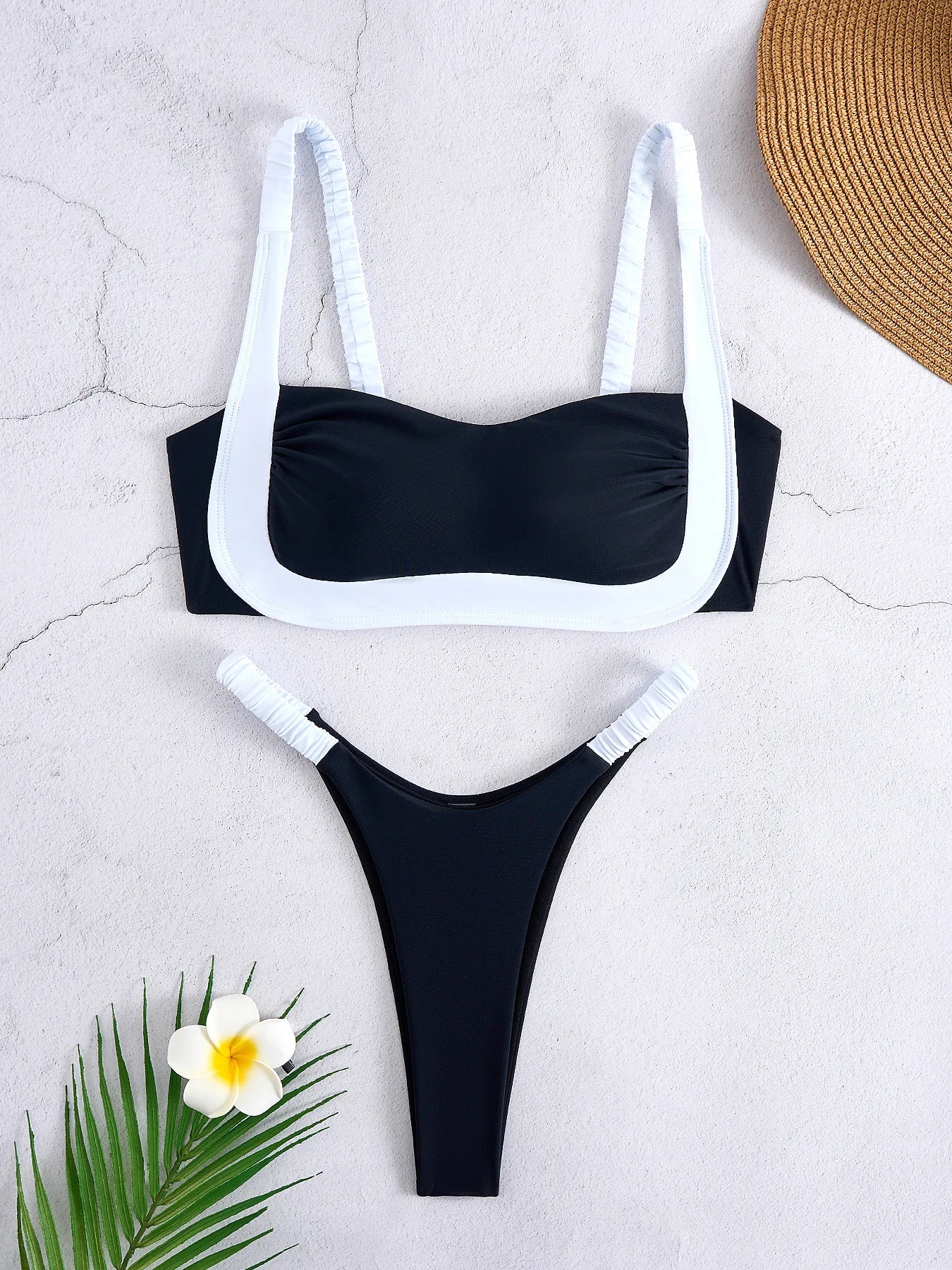 Black & White Contrast Bikini Set with White Straps and Backless Design Two Piece Panties Thongs Set
