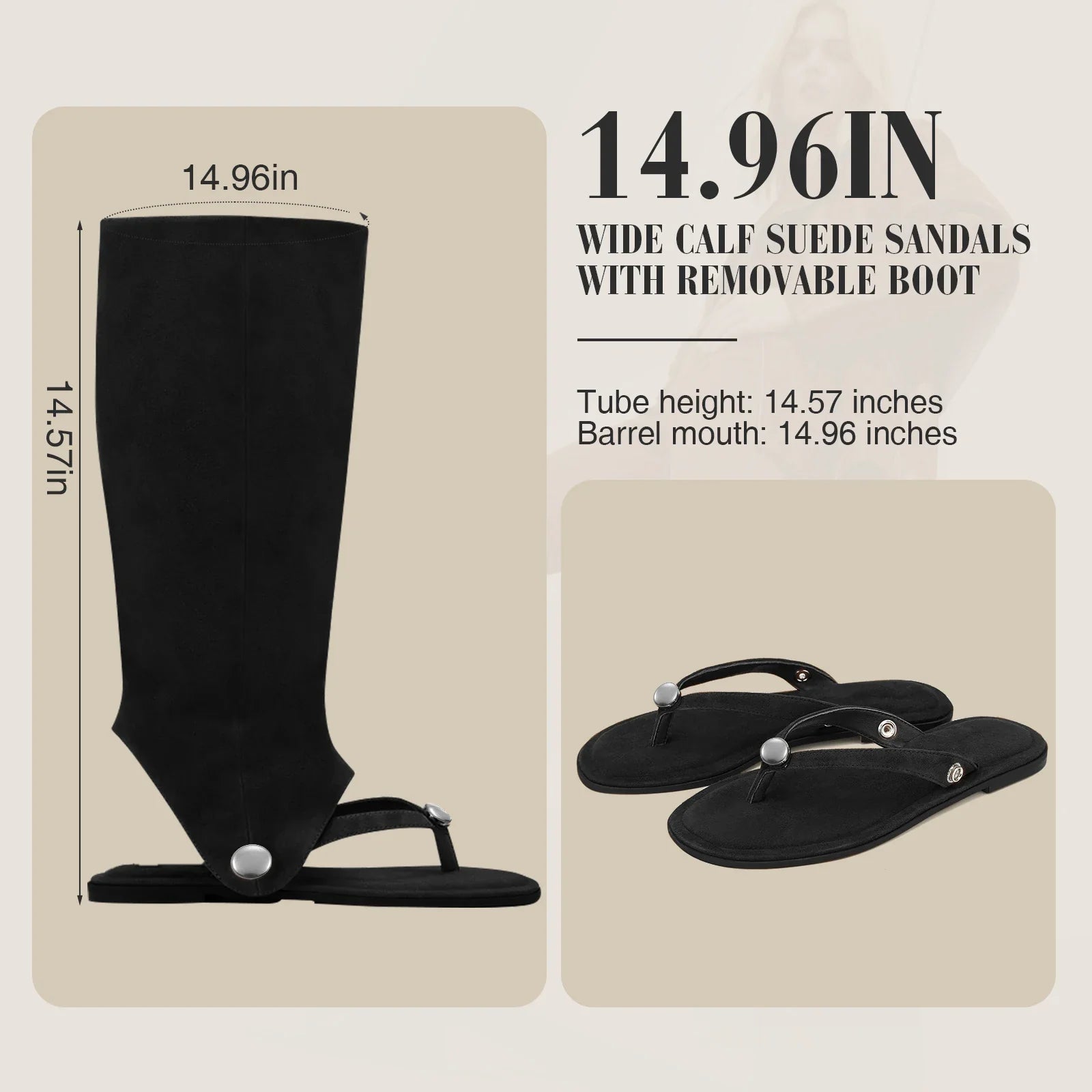 Women's Convertible Knee High Suede Sandals - Removable Wide Calf Boot Cover