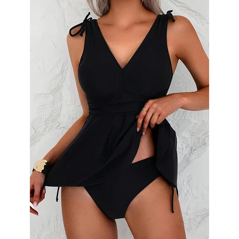 Deep V One Piece Swimsuit Black 2 Piece Set High Cut Monokini with Mesh Cover Up Tummy Control Bathing Suit
