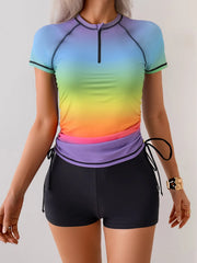 Fashion Gradient Print Zipper Tummy-Control Short Sleeve Tankini 2-Piece Set Swimwear Two Piece Set