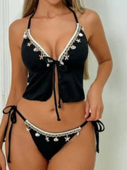 Fashion Shell Pendant Bikini Set Adjustable Front Tie Triangle Top &ed Bottom Swimsuit Halter Tops