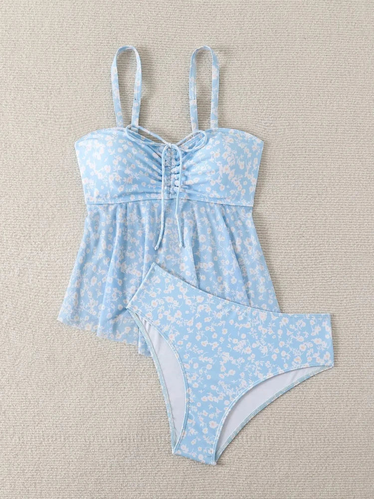 Floral Print Strappy Bikini Set Swimwear Two-Piece Swimsuit Blue Thin Cute Swimsuit