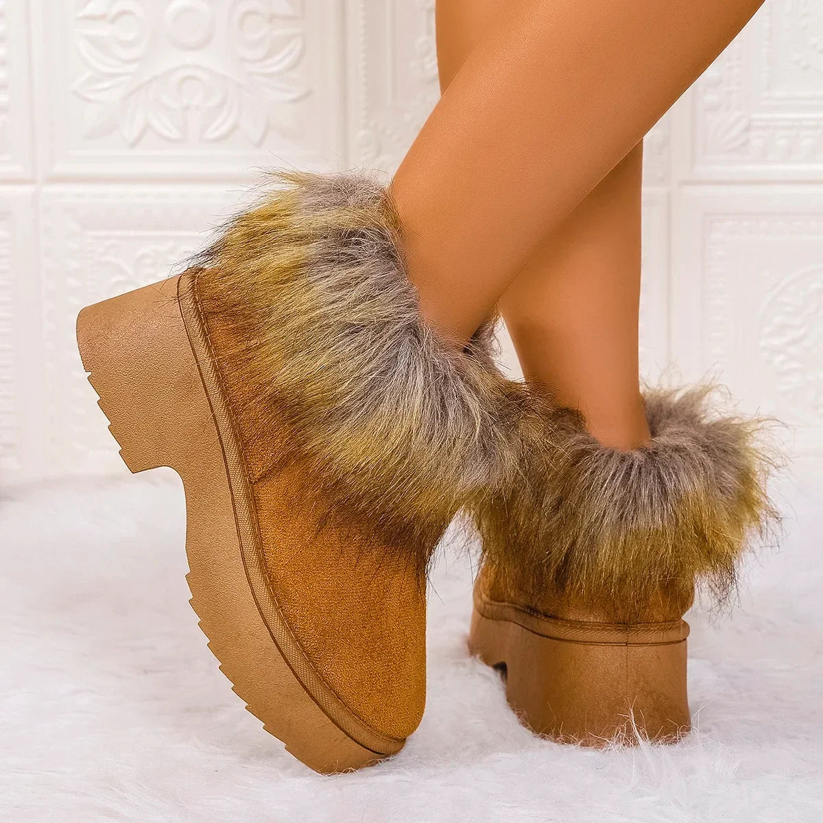 Women's Fluffy Slippers Plush Warm Platform Shoes
