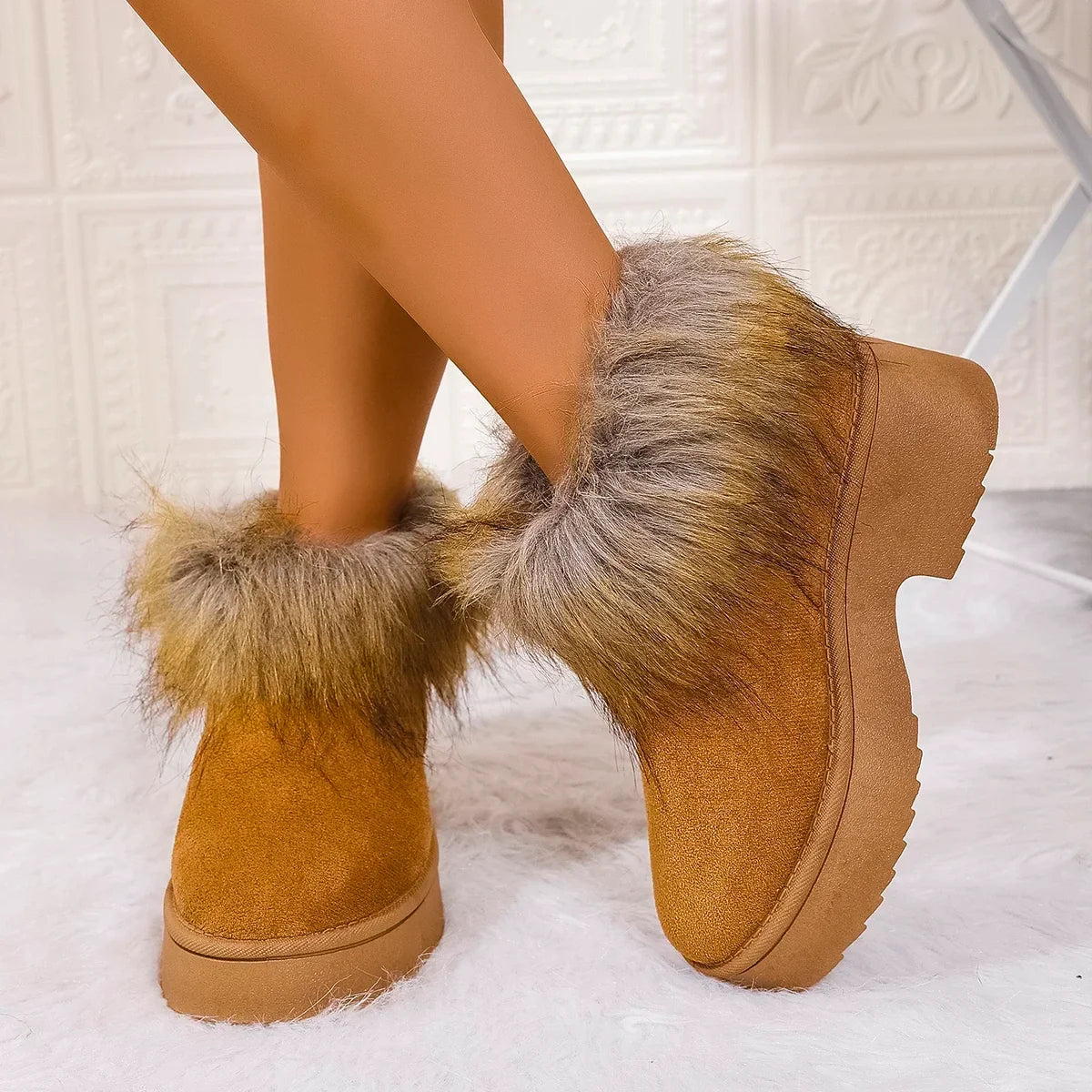 Women's Fluffy Slippers Plush Warm Platform Shoes
