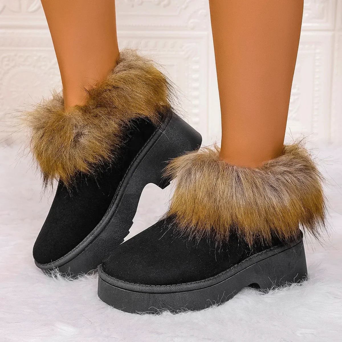 Women's Fluffy Slippers Plush Warm Platform Shoes
