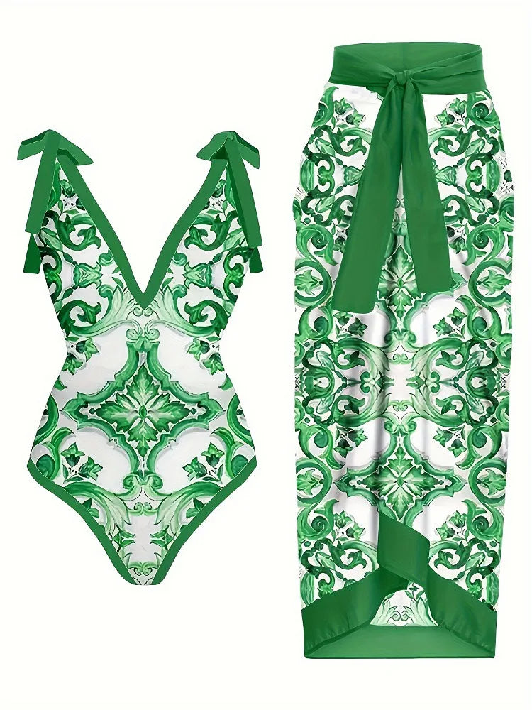 French Floral One-Piece Swimsuit Elegant Bathing Suit with Detachable Dress