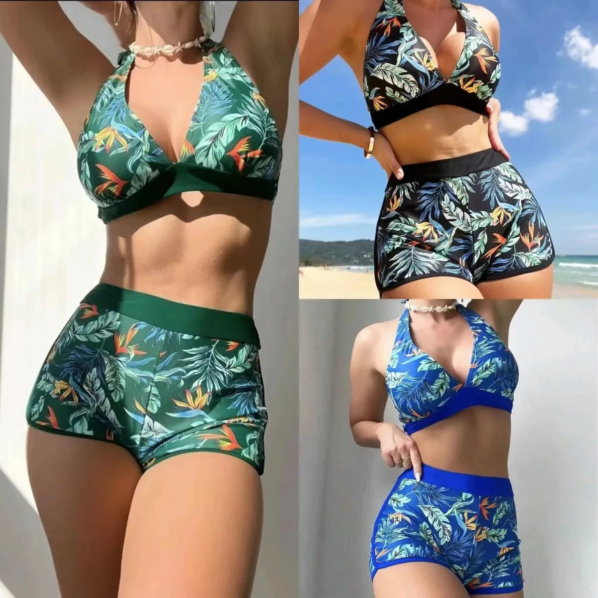 Green Floral Printed High-Waist Bikini Set Backless Two-Piece Swimsuit Lace Up Bathing Suit