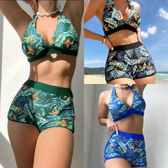 Green Floral Printed High-Waist Bikini Set Backless Two-Piece Swimsuit Lace Up Bathing Suit