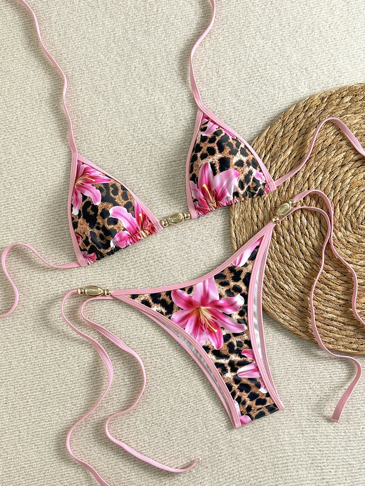 Leopard Print Bikini Set Triangle Top & Backless Design Two Piece Swimsuit Lace Up Bandage Thongs Suit