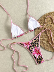 Leopard Print Bikini Set Triangle Top & Backless Design Two Piece Swimsuit Lace Up Bandage Thongs Suit