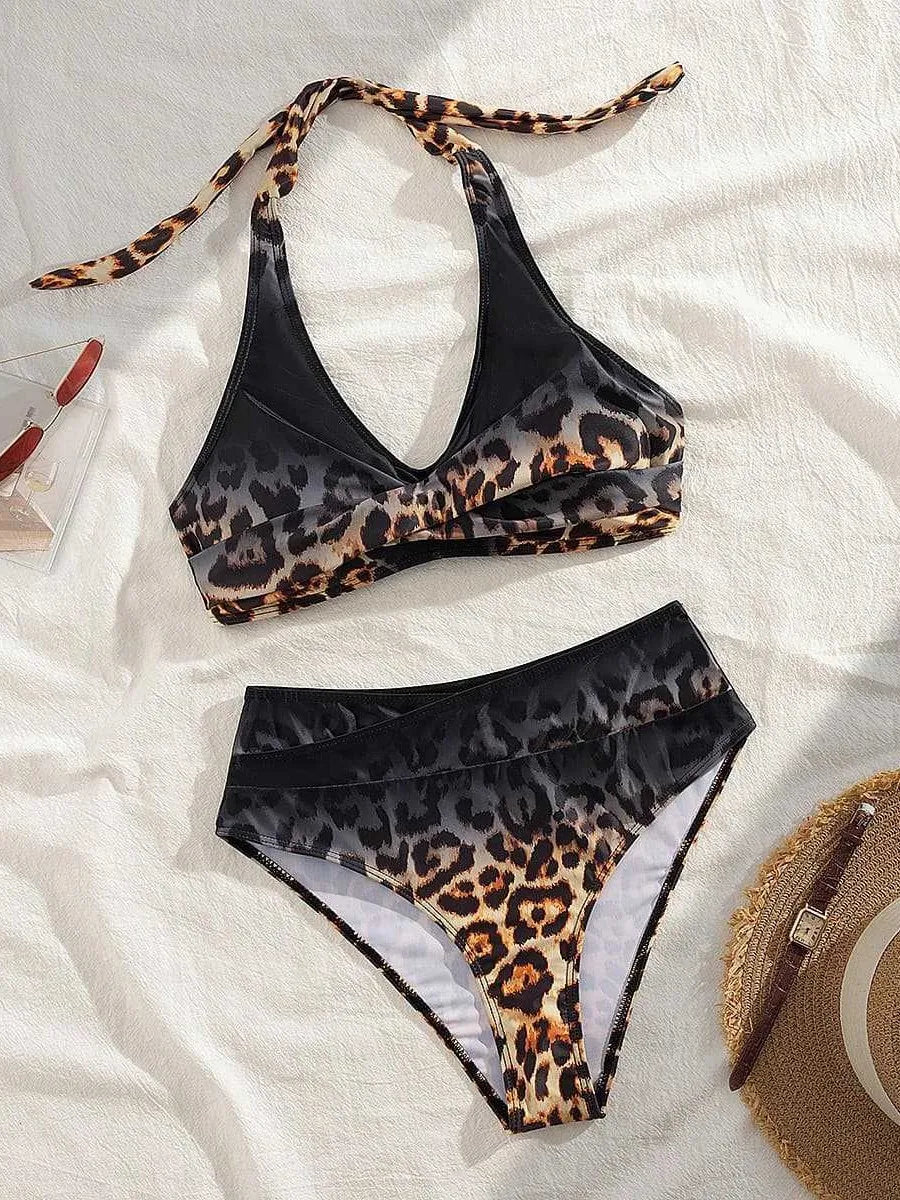 Leopard Print Halter Bikini Set Two-Piece Swimwear Lace Upwear High Rise Panties