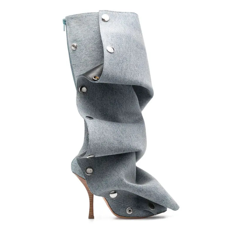 Women's Pointed Super High Heel Back Zipper Decal Denim Fabric Personalized Knee Long Boots