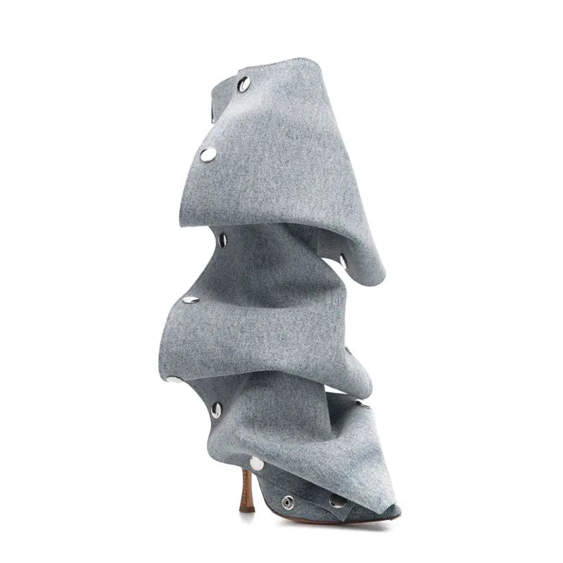 Women's Pointed Super High Heel Back Zipper Decal Denim Fabric Personalized Knee Long Boots