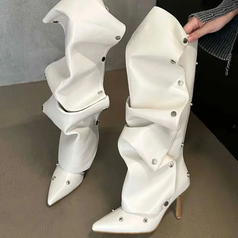 Women's Pointed Super High Heel Back Zipper Decal Denim Fabric Personalized Knee Long Boots