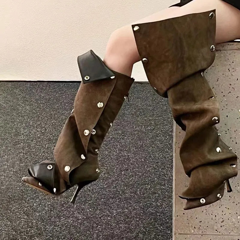 Women's Pointed Super High Heel Back Zipper Decal Denim Fabric Personalized Knee Long Boots