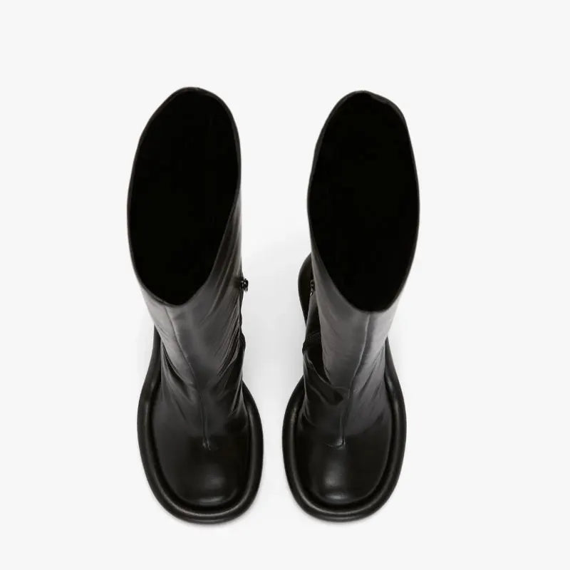 Women's Round Head Shaped Big Sole Ultra High Thin Heel Half Zipper Slim Large Black Knee Length Boots