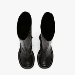 Women's Round Head Shaped Big Sole Ultra High Thin Heel Half Zipper Slim Large Black Knee Length Boots