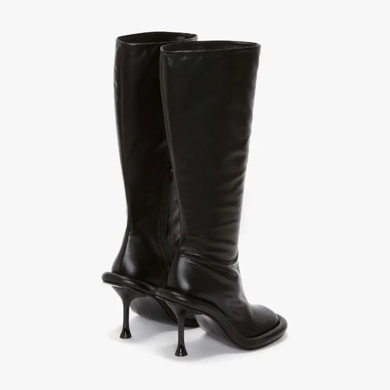 Women's Round Head Shaped Big Sole Ultra High Thin Heel Half Zipper Slim Large Black Knee Length Boots