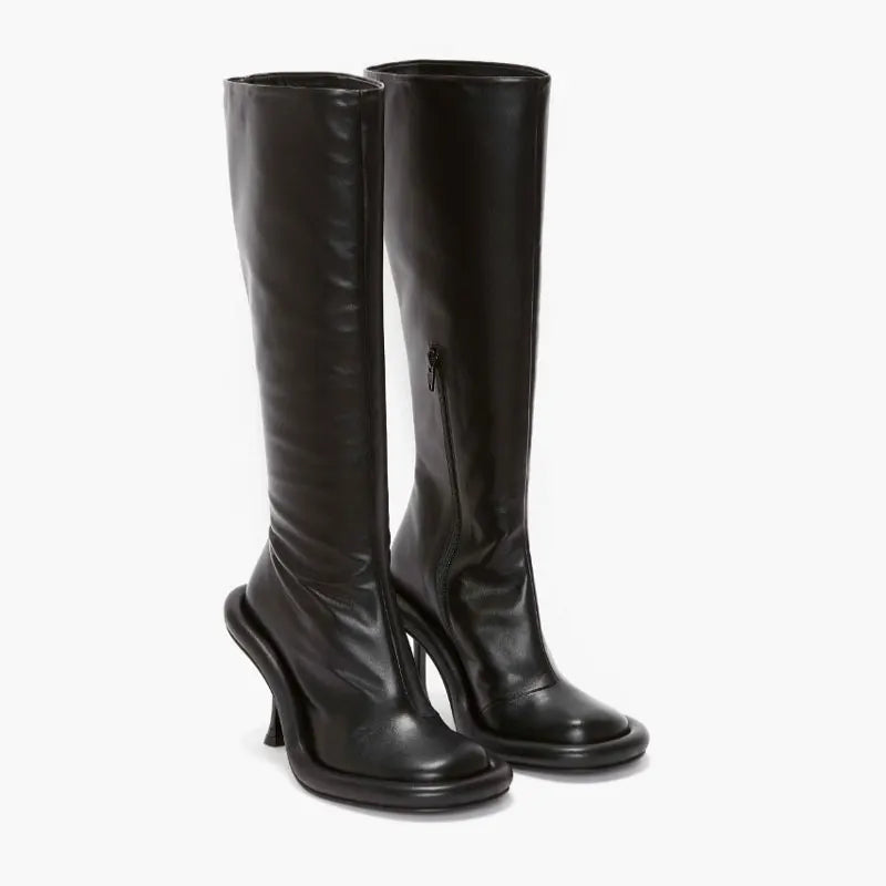 Women's Round Head Shaped Big Sole Ultra High Thin Heel Half Zipper Slim Large Black Knee Length Boots