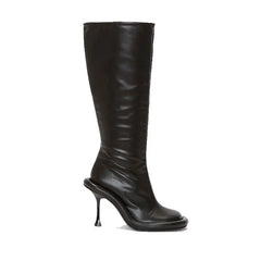 Women's Round Head Shaped Big Sole Ultra High Thin Heel Half Zipper Slim Large Black Knee Length Boots