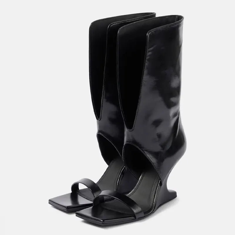 Women's Square Toe Cut-Out Wedge Boots