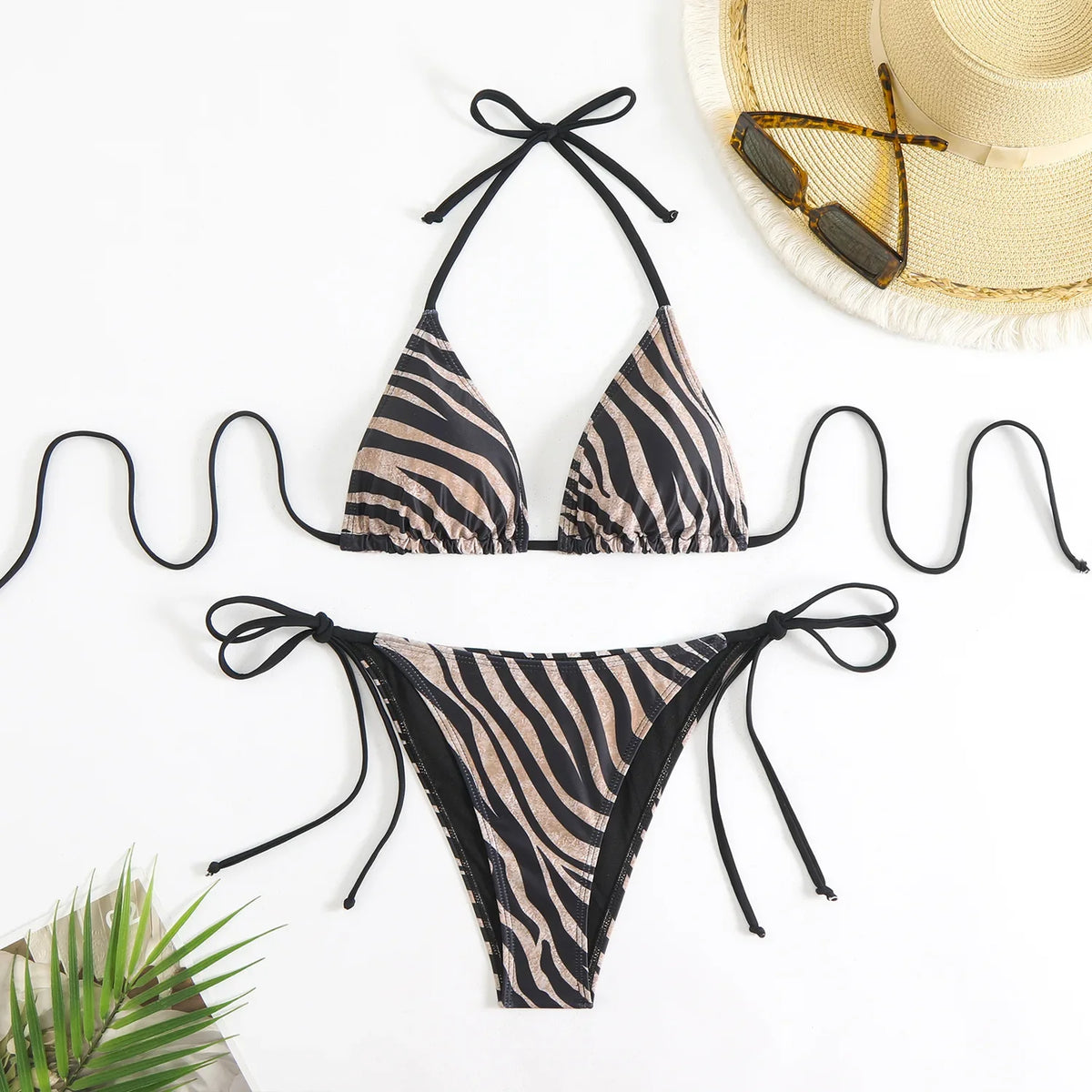 Zebra Print Tie Halter Triangle Two Piece Bikini Set Tummy Control Swimwear Thongs Swimsuits