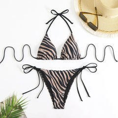 Zebra Print Tie Halter Triangle Two Piece Bikini Set Tummy Control Swimwear Thongs Swimsuits