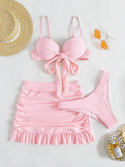solid tie bow bikini Sets three pieces with wrinkled ruffles mini swimsuit bathing suit