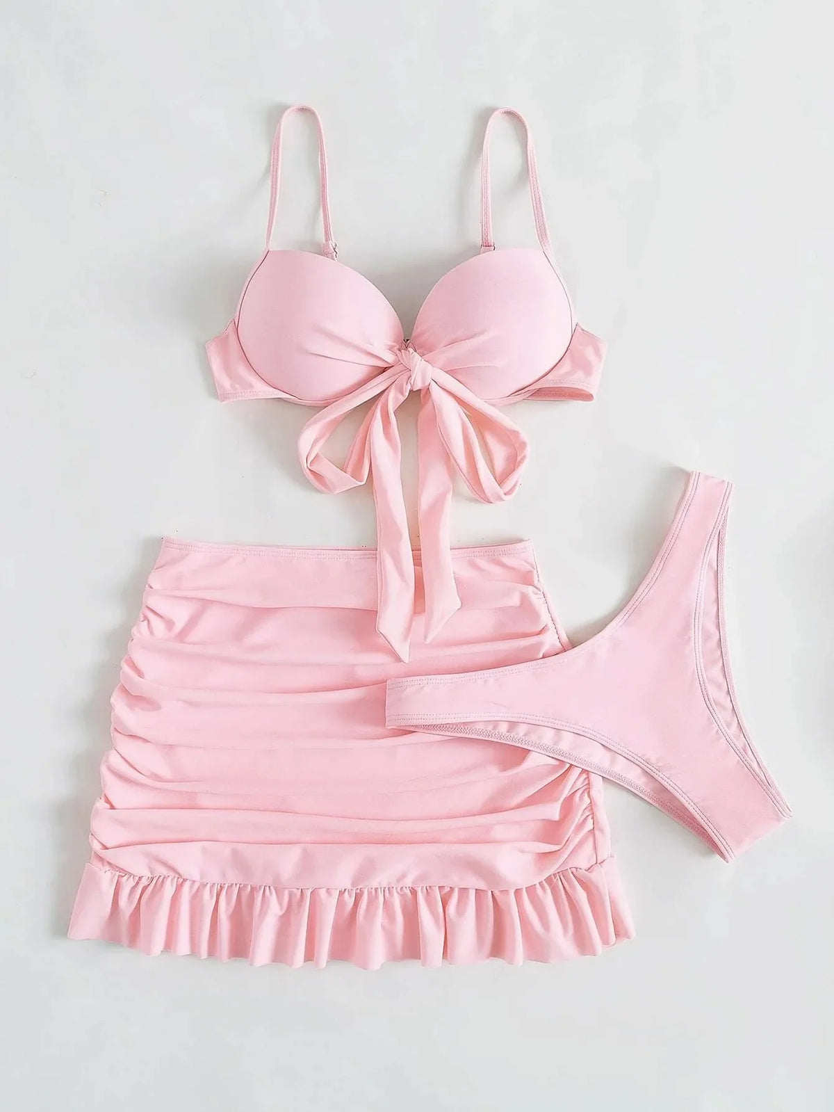 solid tie bow bikini Sets three pieces with wrinkled ruffles mini swimsuit bathing suit
