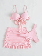 solid tie bow bikini Sets three pieces with wrinkled ruffles mini swimsuit bathing suit
