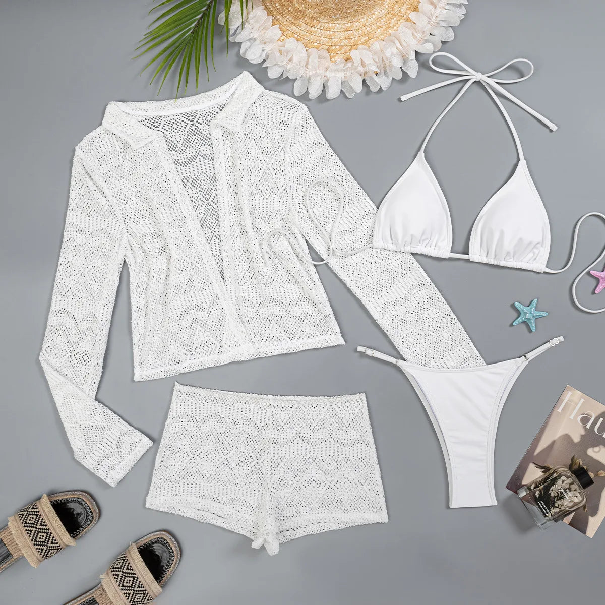 white black micro mini string bikini Sets 4 pieces with hollow out cardigan tops and swimsuit bathing biquini