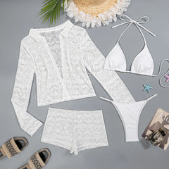 white black micro mini string bikini Sets 4 pieces with hollow out cardigan tops and swimsuit bathing biquini