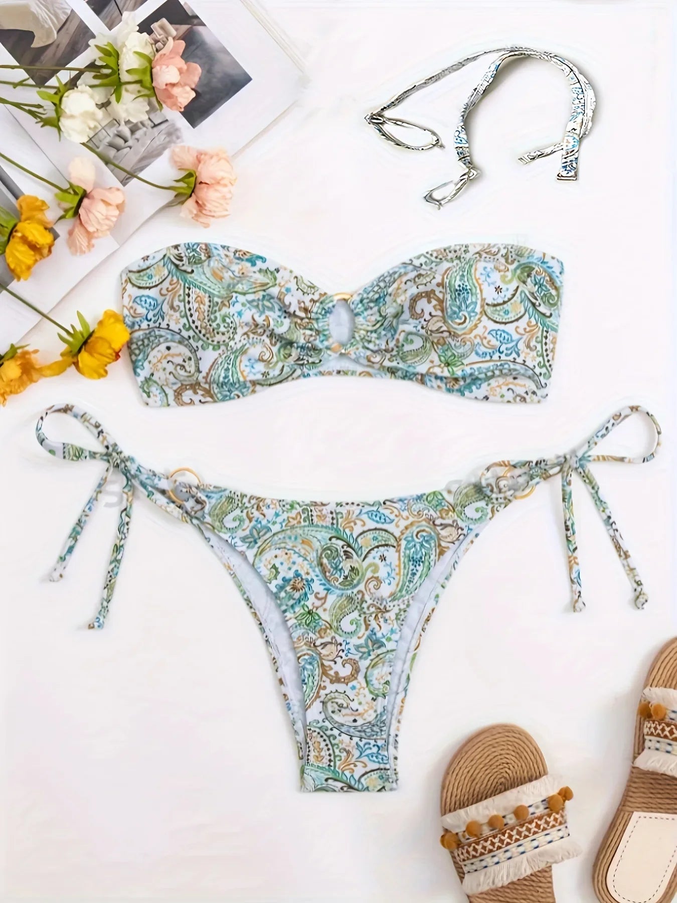 Womens Roman Print Bikini Set Halter Neck Off Shoulder Two-Piece Swimwear Thongs Panties Swim Suitwear