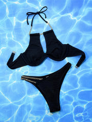 Wrinkled Cut Out Halter Underwired Bikini Two-pieces Bikini Set