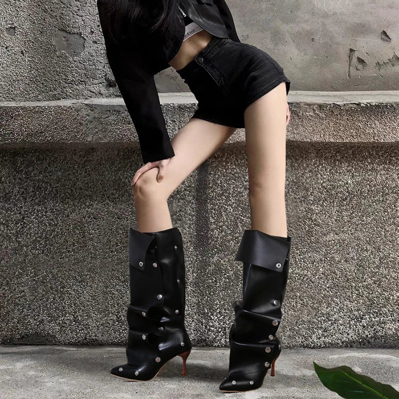 Wrinkled Rivet Pile Boots