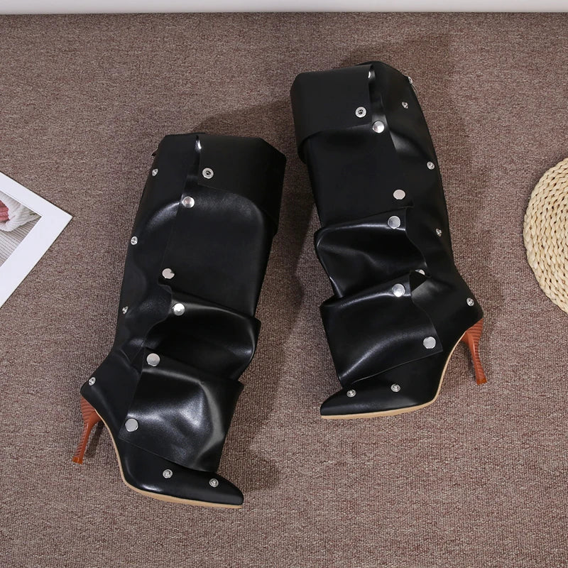 Wrinkled Rivet Pile Boots