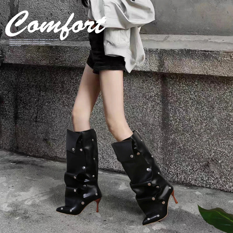 Wrinkled Rivet Pile Boots