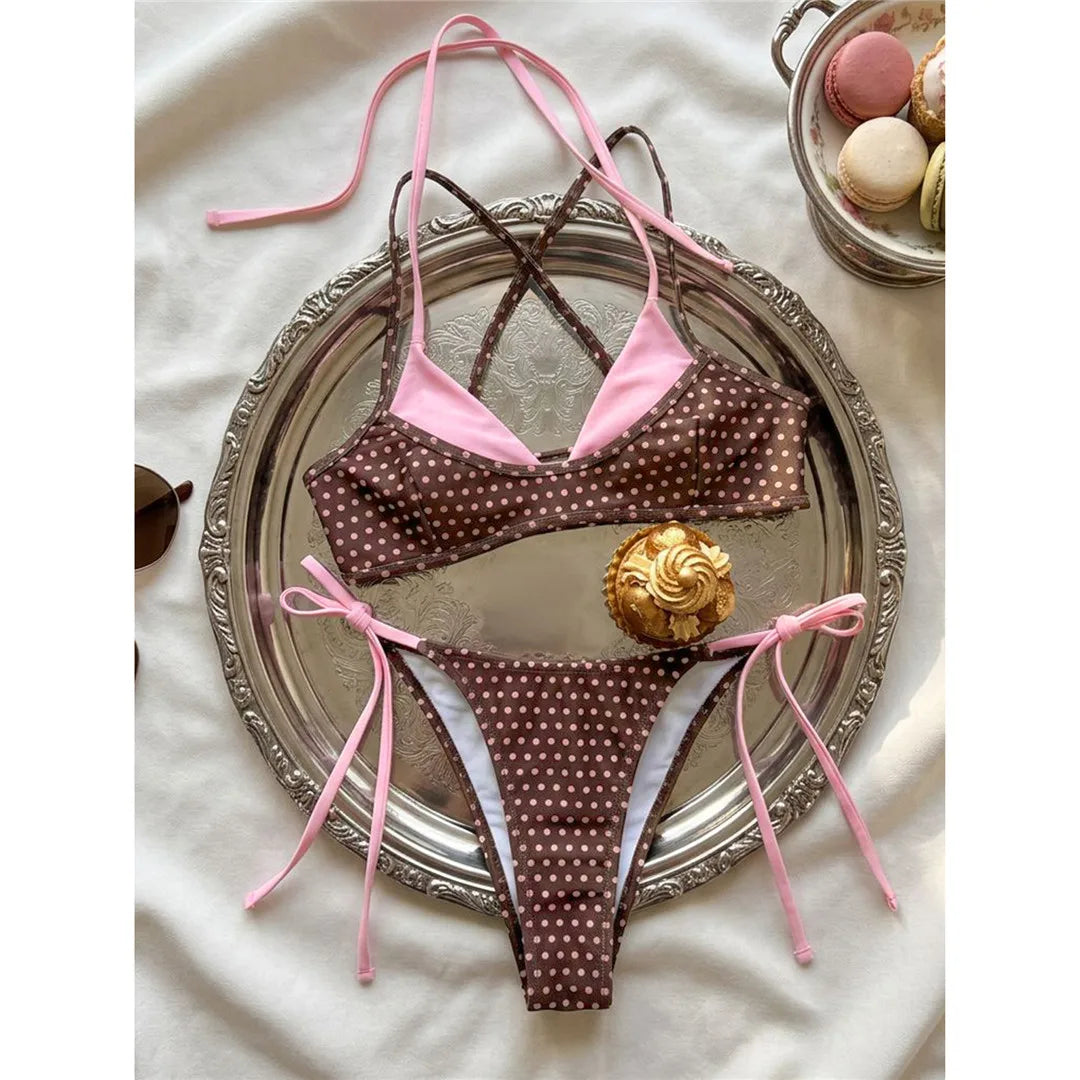 XS - L Polka Dot Splicing Halter Bikini Two-pieces Bikini Set
