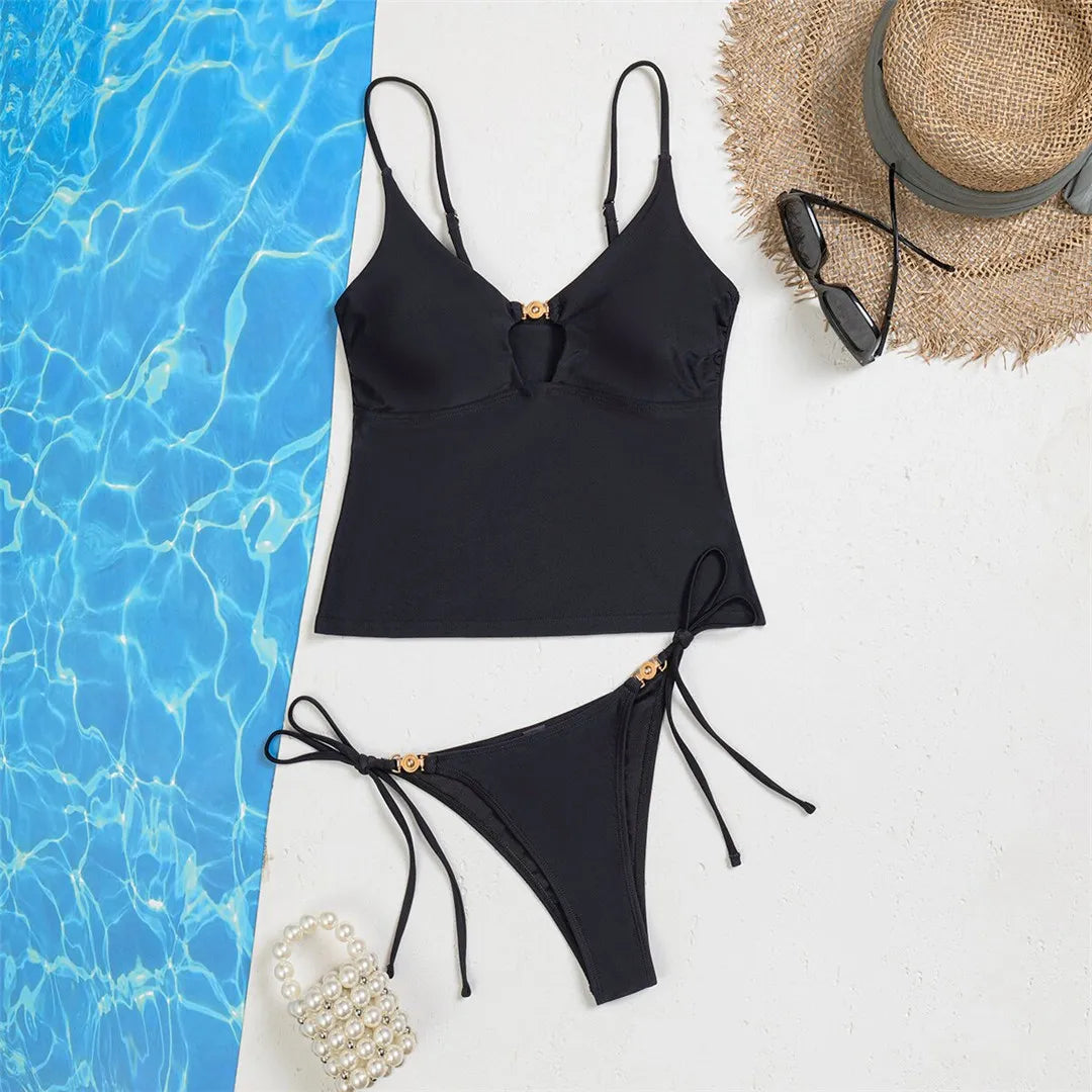XS - L V Neck Tankini Cut Out Bikini Two-pieces Bikini Set